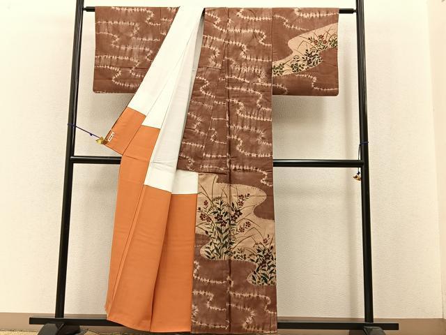 平和屋着物●訪問着 紬地 絞り 秋草文 正絹 逸品 BAAW5180hj