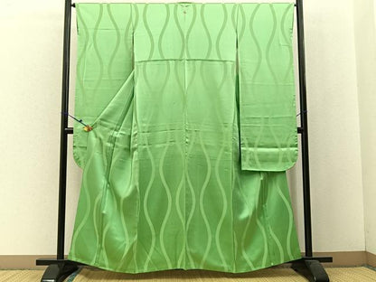 平和屋着物●豪華振袖 色無地 立涌地紋 若緑色 正絹 逸品 BAAW5193hj