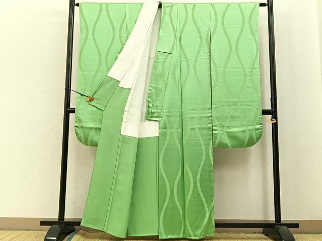 平和屋着物●豪華振袖 色無地 立涌地紋 若緑色 正絹 逸品 BAAW5193hj