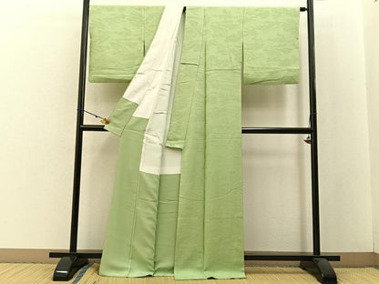 平和屋着物●上質な色無地 東海道五拾三次地紋 若菜色 正絹 逸品 BAAW5198hj
