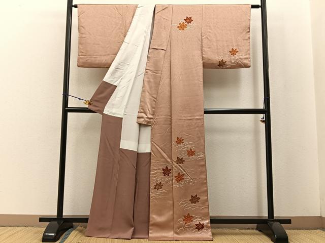 平和屋着物■訪問着　手描き　芝草楓文　正絹　逸品　BAAW5342hj