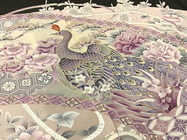 平和屋着物■豪華黒留袖　駒刺繍　孔雀有職花文　金彩　正絹　逸品　BAAW5345hj