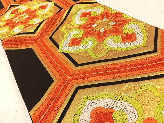 平和屋着物◎六通柄袋帯 唐織 亀甲正倉院文 黒地 金糸 正絹 逸品 BAAW5381hj