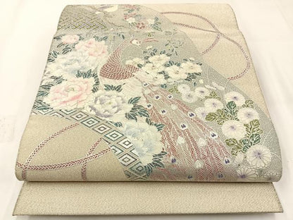 平和屋着物◎太鼓柄袋帯　綴れ　地紙孔雀花文　銀彩　正絹　逸品　BAAW5383hj