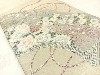 平和屋着物◎太鼓柄袋帯　綴れ　地紙孔雀花文　銀彩　正絹　逸品　BAAW5383hj