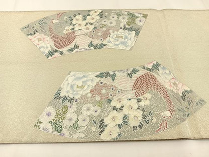 平和屋着物◎太鼓柄袋帯　綴れ　地紙孔雀花文　銀彩　正絹　逸品　BAAW5383hj