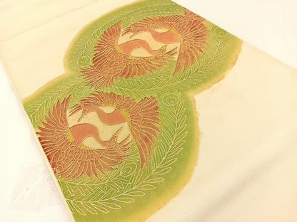平和屋着物◎太鼓柄袋帯　駒刺繍　鳳凰　金彩　引箔　正絹　逸品　BAAW5384hj