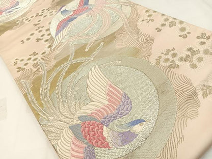 平和屋着物◎六通柄袋帯 唐織 佳鳥舞姿 銀糸 引箔 正絹 逸品 BAAW5385hj
