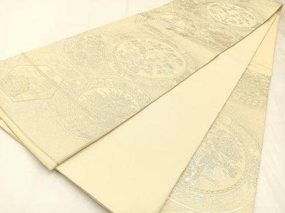 平和屋着物◎六通柄袋帯 花絵皿 銀糸 正絹 逸品 BAAW5387hj