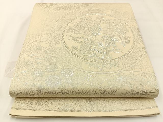 平和屋着物◎六通柄袋帯 花絵皿 銀糸 正絹 逸品 BAAW5387hj