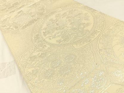 平和屋着物◎六通柄袋帯 花絵皿 銀糸 正絹 逸品 BAAW5387hj