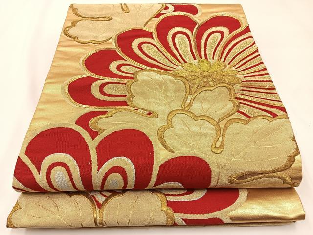 平和屋着物◎六通柄袋帯 駒刺繍 菊 金糸 正絹 逸品 BAAW5388hj