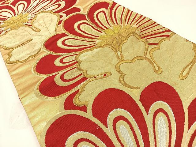 平和屋着物◎六通柄袋帯 駒刺繍 菊 金糸 正絹 逸品 BAAW5388hj