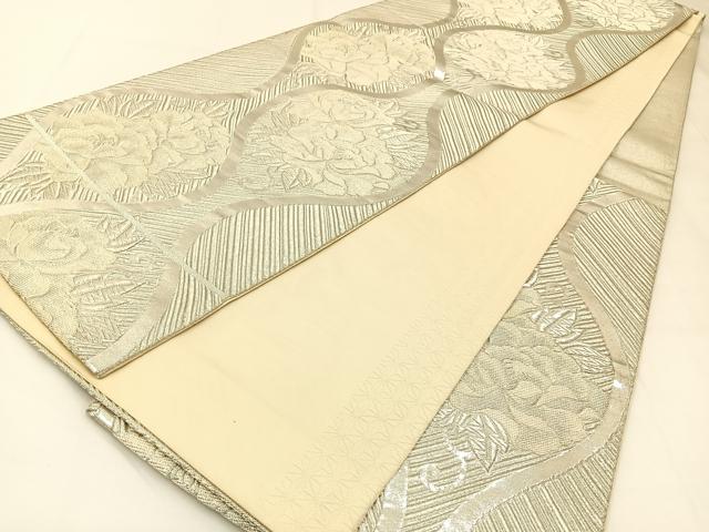 平和屋着物◎六通柄袋帯 立涌牡丹文 銀糸 正絹 逸品 BAAW5390hj