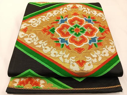 平和屋着物◎六通柄袋帯　唐織　菱宝相華文　黒地　金銀糸　正絹　逸品　BAAW5391hj