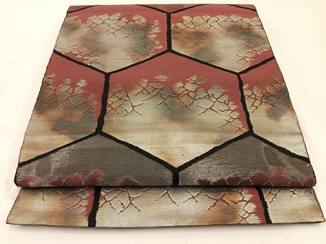 平和屋着物◎六通柄袋帯　亀甲氷割れ文様　黒地　銀糸　引箔　正絹　逸品　BAAW5402hj