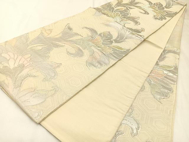 平和屋着物◎六通柄袋帯 更紗花文 銀糸 正絹 逸品 BAAW5408hj