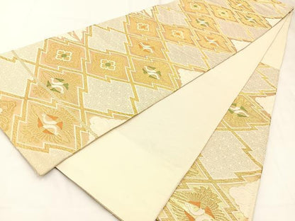 平和屋着物◎六通柄袋帯　唐織　松皮菱向かい鶴花文　金糸　正絹　逸品　BAAW5409hj
