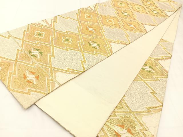 平和屋着物◎六通柄袋帯　唐織　松皮菱向かい鶴花文　金糸　正絹　逸品　BAAW5409hj