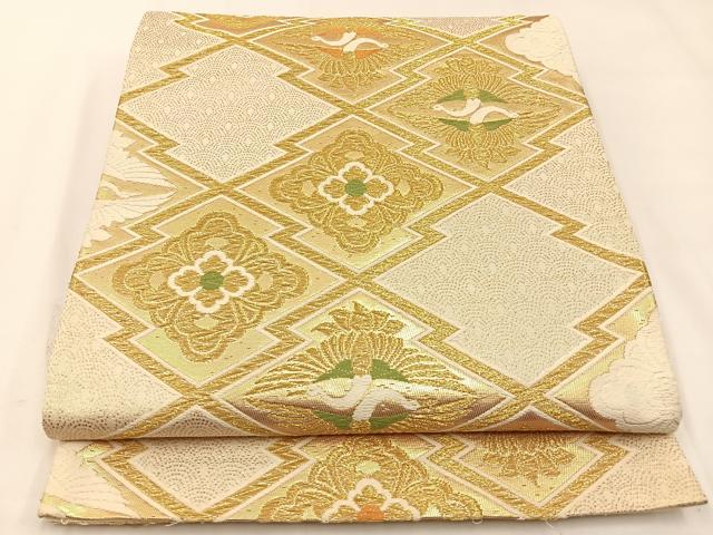 平和屋着物◎六通柄袋帯　唐織　松皮菱向かい鶴花文　金糸　正絹　逸品　BAAW5409hj