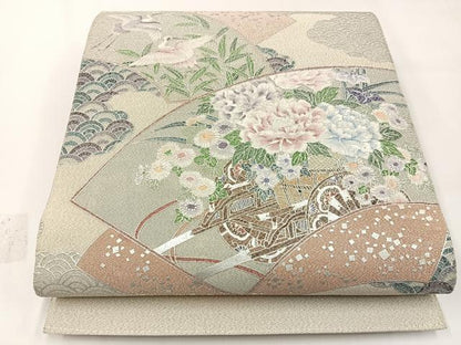 平和屋着物◎太鼓柄袋帯　綴れ　地紙御所車花鳥文　銀彩　正絹　逸品　BAAW5422hj