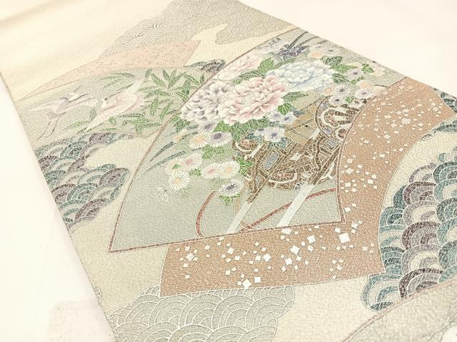 平和屋着物◎太鼓柄袋帯　綴れ　地紙御所車花鳥文　銀彩　正絹　逸品　BAAW5422hj