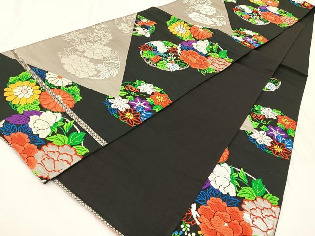 平和屋着物◎六通柄袋帯 唐織 花丸文 黒地 銀糸 正絹 逸品 BAAW5427hj
