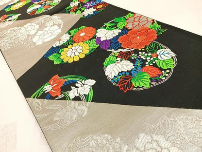 平和屋着物◎六通柄袋帯 唐織 花丸文 黒地 銀糸 正絹 逸品 BAAW5427hj