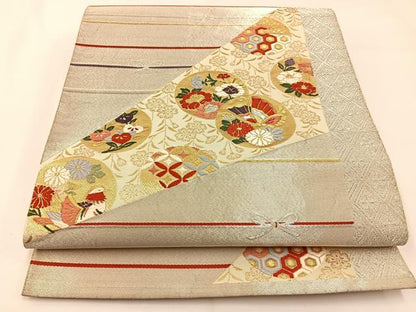平和屋着物◎六通柄袋帯　唐織　鴛鴦花蝶丸文　金銀糸　正絹　逸品　BAAW5434hj