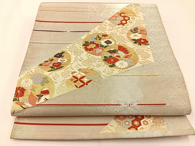 平和屋着物◎六通柄袋帯　唐織　鴛鴦花蝶丸文　金銀糸　正絹　逸品　BAAW5434hj