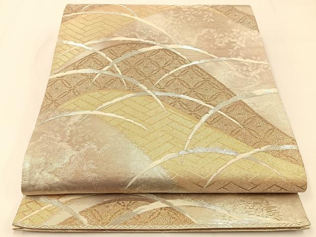 平和屋着物◎六通柄袋帯　重ね山雪芝文　金銀糸　引箔　正絹　逸品　BAAW5437hj