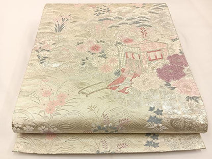 平和屋着物◎六通柄袋帯　唐織　浜松御所車花文　銀糸　正絹　逸品　BAAW5449hj