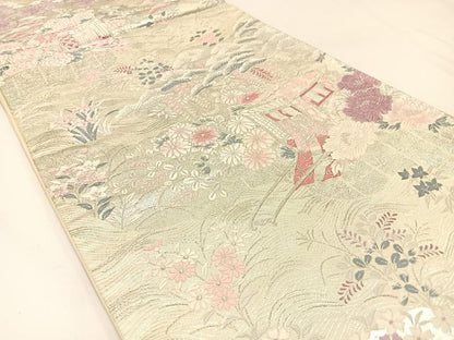 平和屋着物◎六通柄袋帯　唐織　浜松御所車花文　銀糸　正絹　逸品　BAAW5449hj