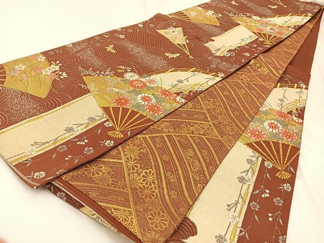 平和屋着物◎両面 六通柄袋帯 唐織 渡橋扇面花蝶文 金銀糸 正絹 逸品 BAAW5450hj
