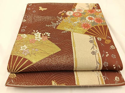 平和屋着物◎両面 六通柄袋帯 唐織 渡橋扇面花蝶文 金銀糸 正絹 逸品 BAAW5450hj