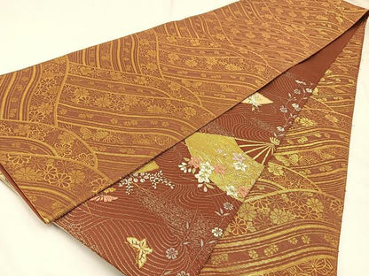 平和屋着物◎両面 六通柄袋帯 唐織 渡橋扇面花蝶文 金銀糸 正絹 逸品 BAAW5450hj