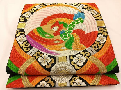 平和屋着物◎六通柄袋帯　唐織　鳳凰　黒地　金銀糸　正絹　逸品　BAAW5457hj