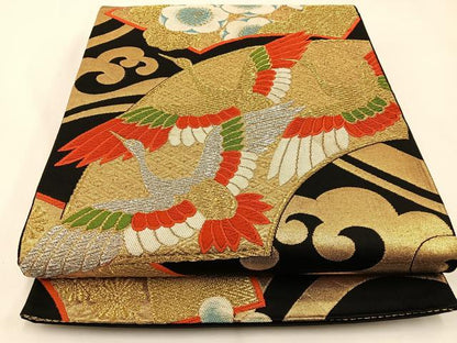 平和屋着物◎六通柄袋帯 唐織 地紙飛鶴梅文 黒地 金銀糸 正絹 逸品 BAAW5459hj