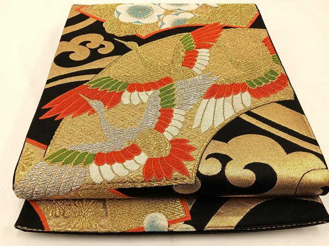 平和屋着物◎六通柄袋帯 唐織 地紙飛鶴梅文 黒地 金銀糸 正絹 逸品 BAAW5459hj