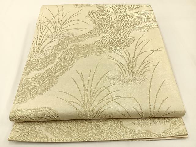 平和屋着物◎六通柄袋帯　草葉文　金糸　正絹　逸品　BAAW5465hj