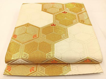 平和屋着物◎六通柄袋帯　唐織　亀甲若松葉文　金糸　正絹　逸品　BAAW5470hj