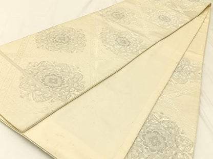 平和屋着物◎六通柄袋帯　唐織　菱天井正倉院花文　銀糸　正絹　逸品　BAAW5481hj