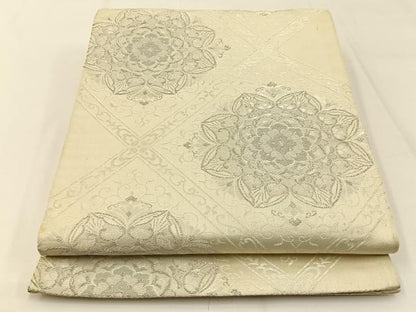 平和屋着物◎六通柄袋帯　唐織　菱天井正倉院花文　銀糸　正絹　逸品　BAAW5481hj