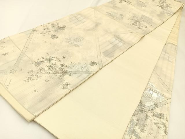 平和屋着物◎六通柄袋帯　菱天井花唐草文　銀糸　引箔　正絹　逸品　BAAW5485hj