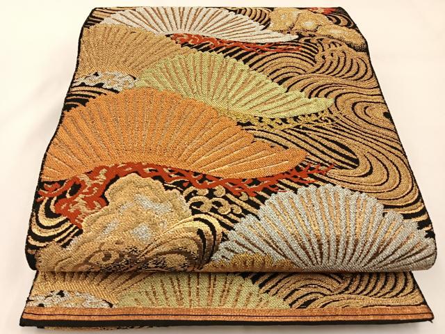 平和屋着物◎六通柄袋帯 浜松文 黒地 金銀糸 正絹 逸品 BAAW5491hj