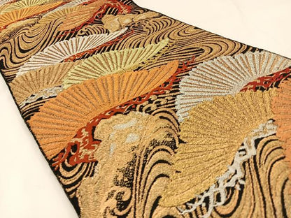 平和屋着物◎六通柄袋帯 浜松文 黒地 金銀糸 正絹 逸品 BAAW5491hj