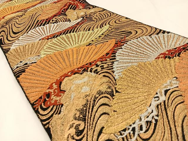 平和屋着物◎六通柄袋帯 浜松文 黒地 金銀糸 正絹 逸品 BAAW5491hj