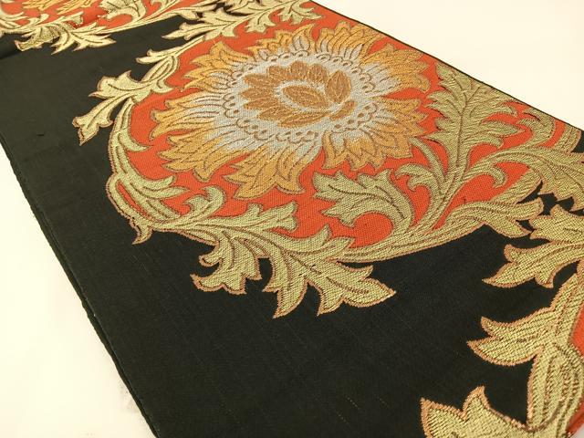 平和屋着物◎六通柄　本袋帯　更紗花文　黒地　金銀糸　正絹　逸品　BAAW5497hj
