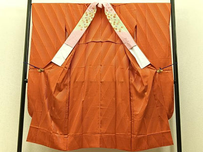 平和屋着物●振袖用長襦袢　無双仕立て　斜線地紋　丹色　正絹　逸品　未使用　BAAW5544hj