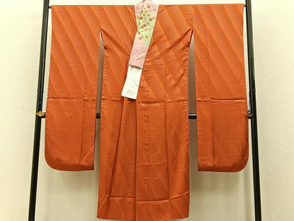 平和屋着物●振袖用長襦袢　無双仕立て　斜線地紋　丹色　正絹　逸品　未使用　BAAW5544hj